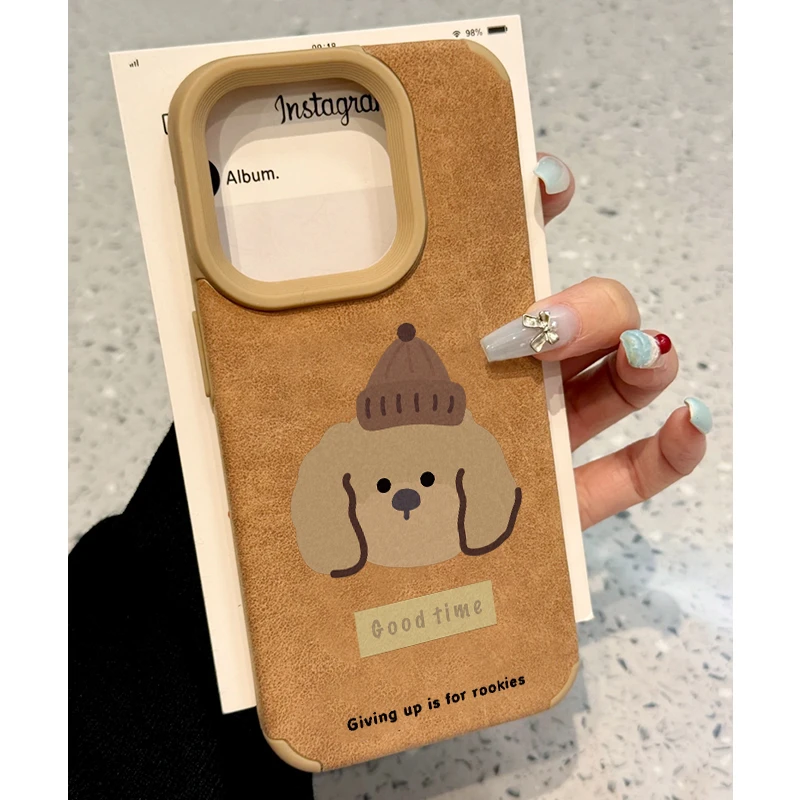 雅天立秋冬帽子小狗适用苹果15手机壳iPhone13promax皮质14防摔11