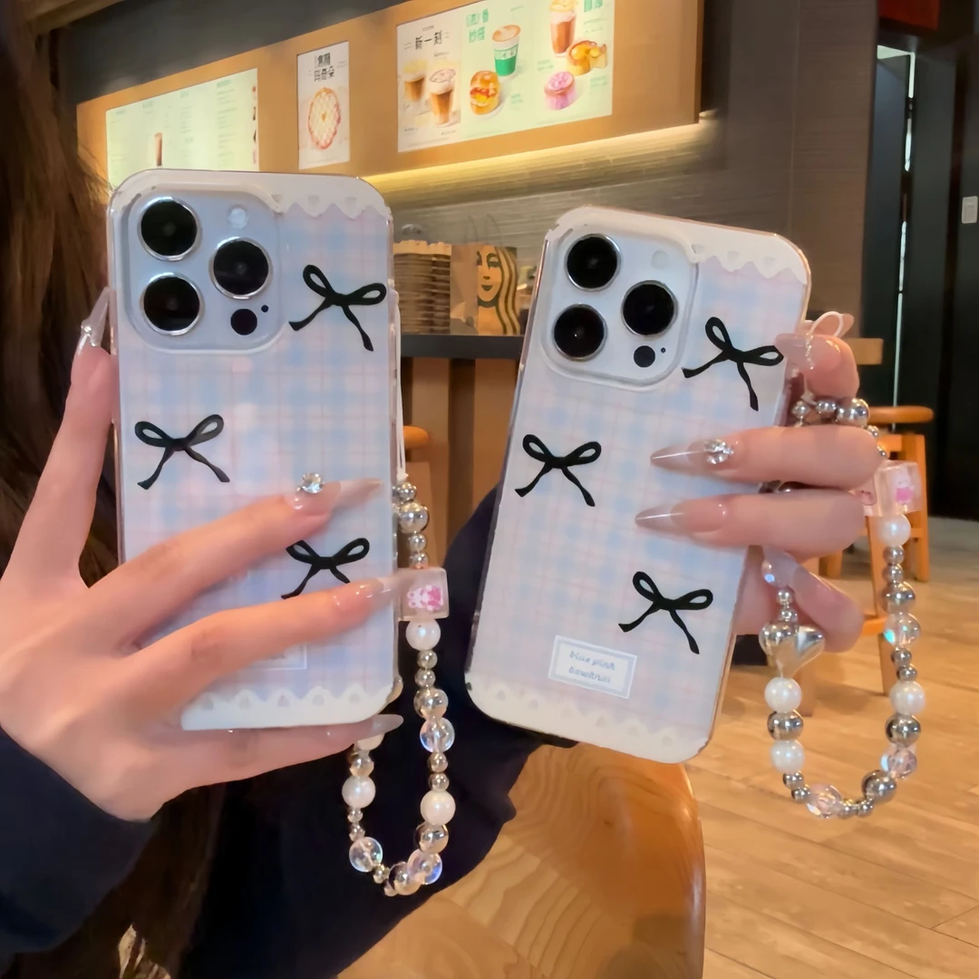 雅天立格纹蝴蝶结适用苹果16promax手机壳iPhone15/13手链14女11