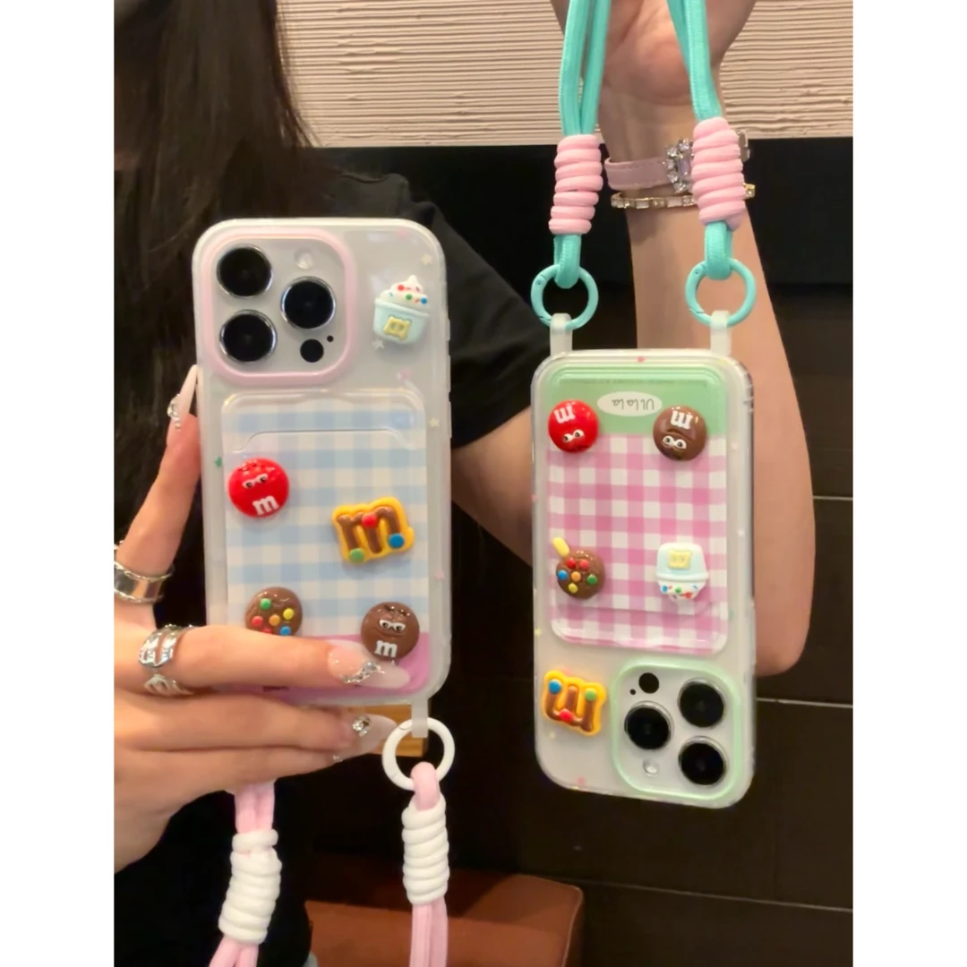 有范壳格纹M豆卡包适用苹果13手机壳iPhone14promax/15挂绳12软11