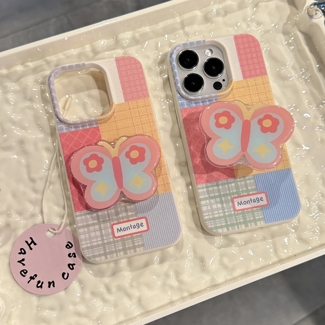 雅天立格子蝴蝶支架适用苹果13手机壳iPhone16/15promax新款14/12