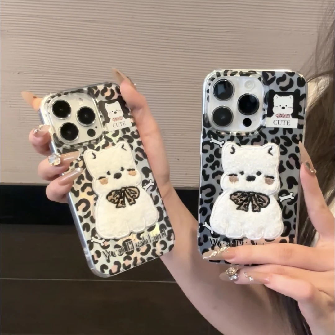 雅天立豹纹毛绒西高地适用iPhone15苹果16手机壳华为vivo小米oppo