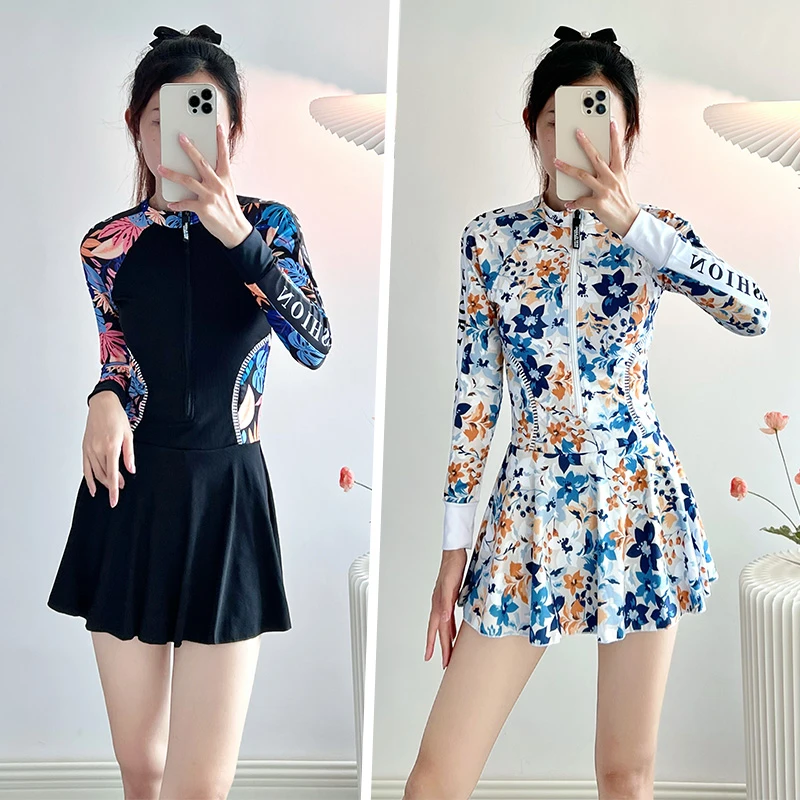 显瘦女2025新款连身微胖女孩遮肉大码长袖防晒裙式水上乐园游泳装