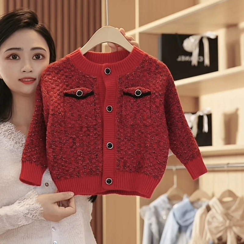 【媛媛妈专属】秋冬季女童毛衣开衫外套新款女孩过年节日红色针织衫