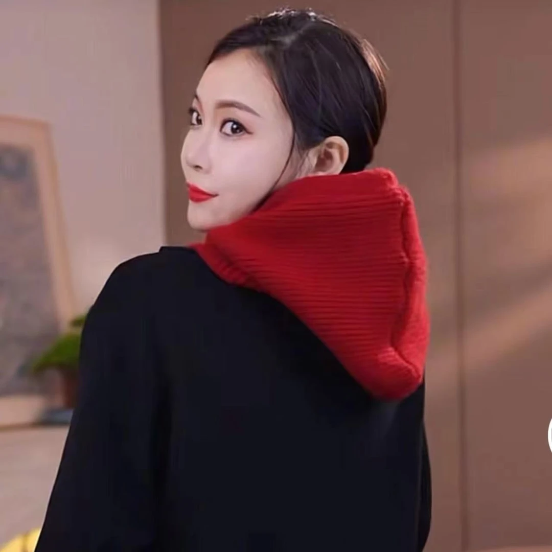 纯色毛线帽子围脖一体女秋冬加厚针织连帽围巾D