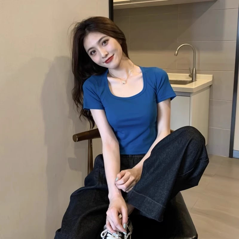 夏季新款小众圆领辣妹紧身棉质短款短袖女T恤百搭纯色显瘦设计感