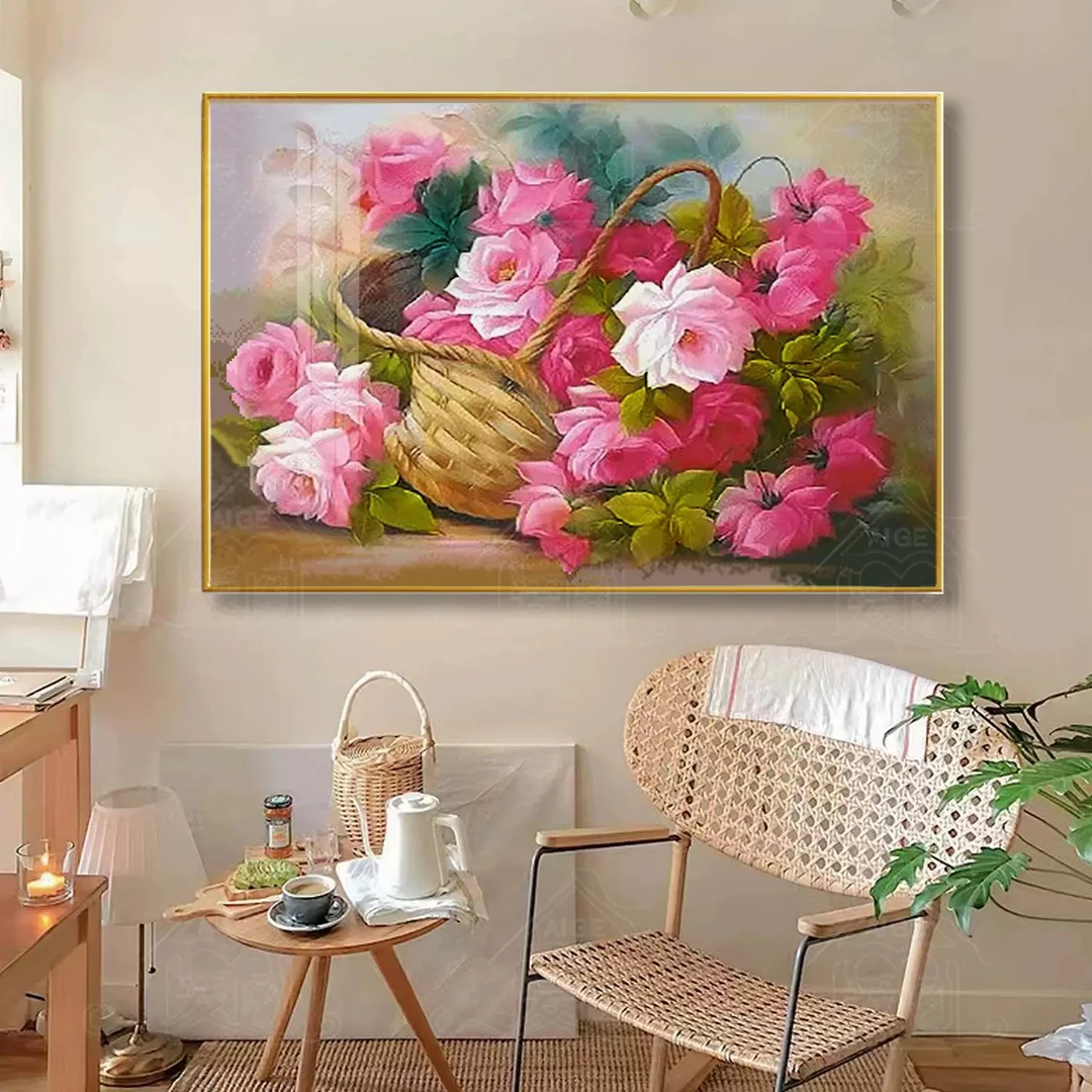 纯手工绣好的十字绣成品327邂逅花篮装饰画