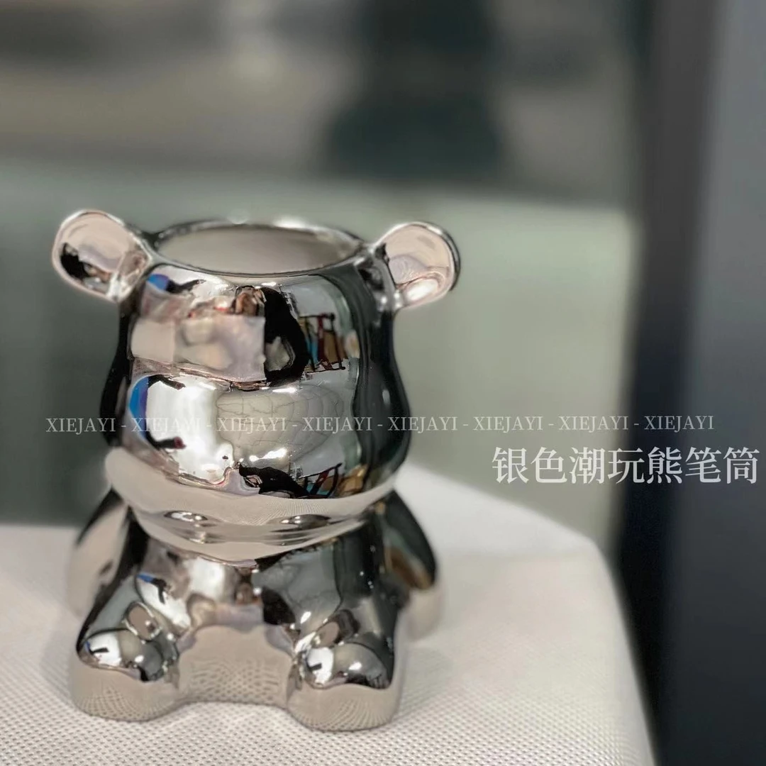 美甲店ins风银色陶瓷潮玩熊笔筒美甲笔刷桌面收纳美甲店专用