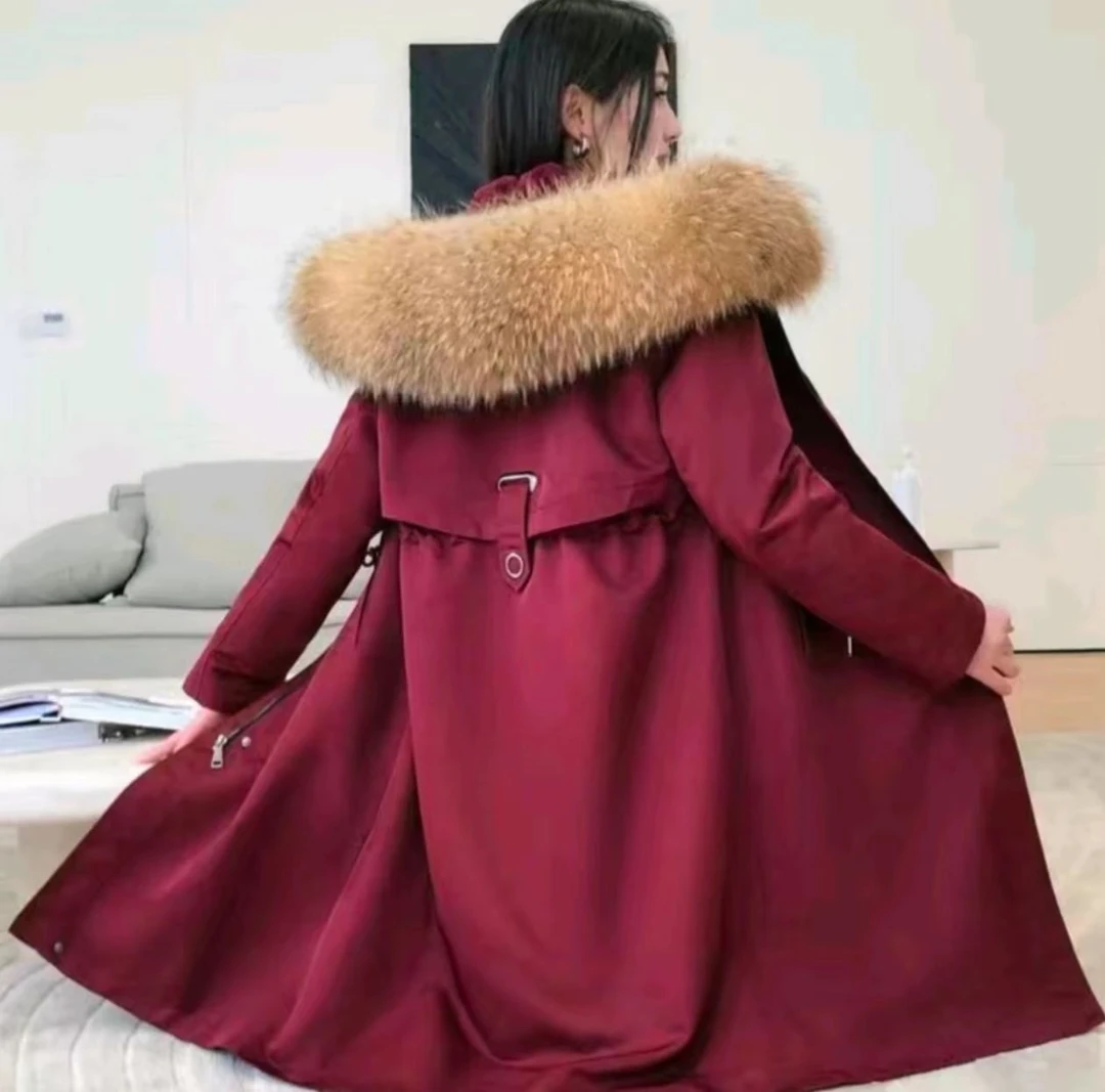 STM冬季女款时尚修身显瘦款大毛领派克服可拆卸兔毛内胆