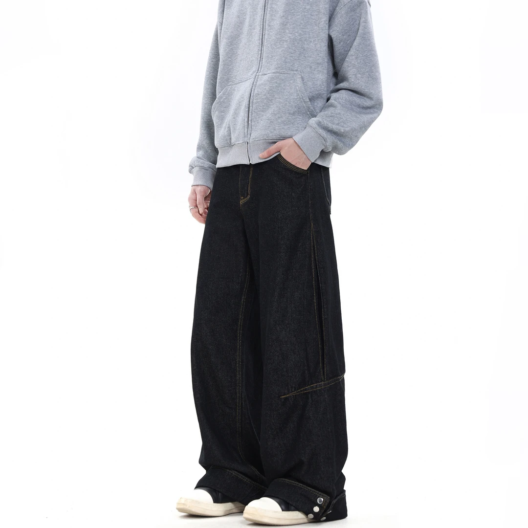 CDDR美式小众设计感翻边排扣黑色垂感牛仔裤男女复古直筒阔腿裤子