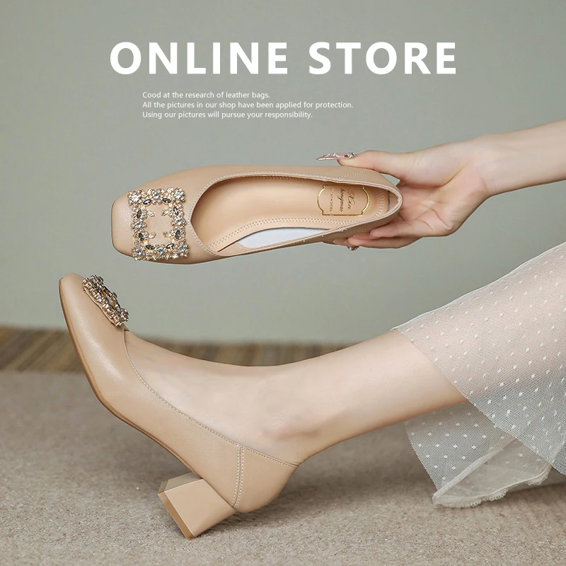 真皮粗跟单鞋女2025新款方头中跟百搭职业高跟鞋软底面试工作鞋