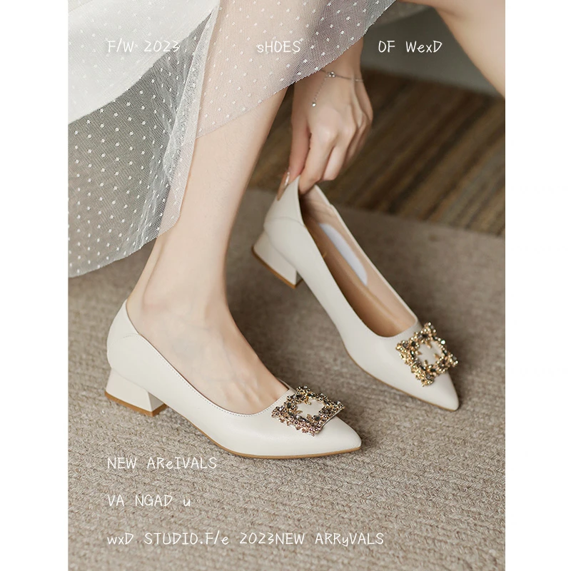 真皮尖头水钻细跟高跟鞋女2025年新款不累脚法式职业春秋中跟单鞋