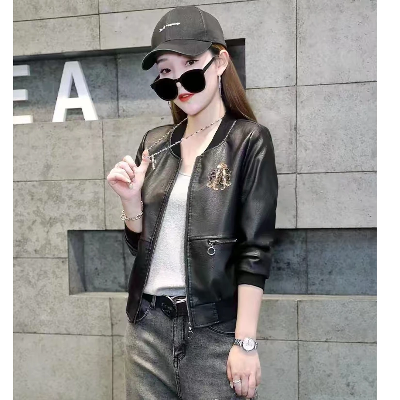 皮衣外套女春秋2024款短款洋气黑色圆0领机车夹克棒球服上衣
