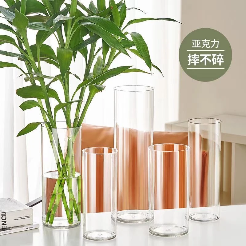 亚克力花瓶摆件客厅插花透明直筒水培富贵竹水养鲜花高级感醒花桶