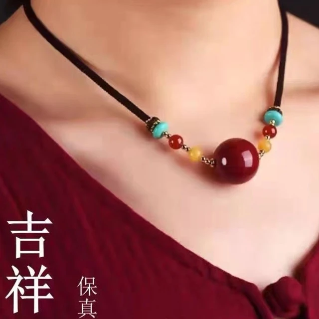 含辰砂工艺品高含量朱砂16mm工艺品锁骨链项链可调节做吊坠礼物