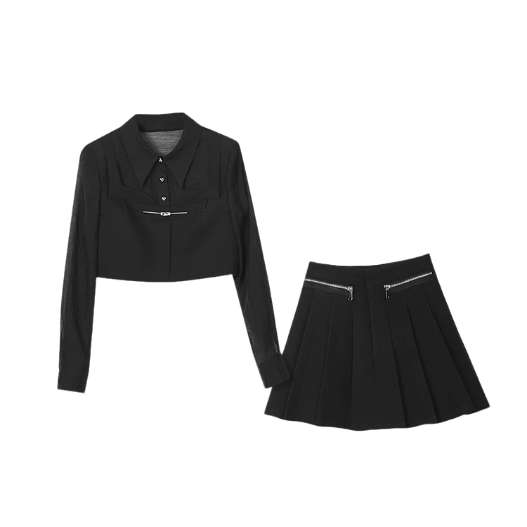 【学姐】小众设计高级感拼接衬衫高腰百褶短裙套装J233T060009