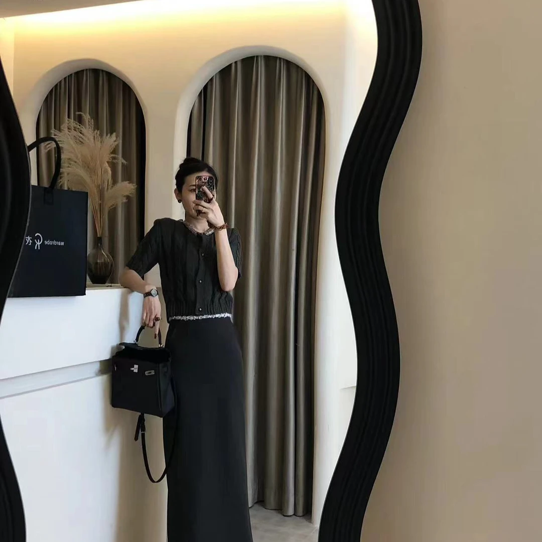 显瘦气质显瘦气质针织高腰时尚百搭夏季黑色休闲开叉不规则上衣