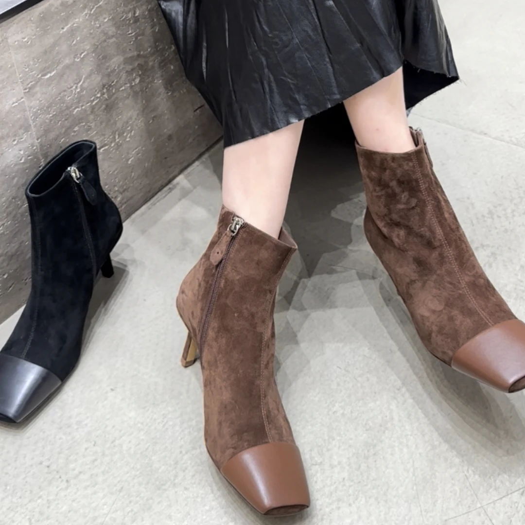 XF5268-5欧货真皮拼接方头气质秋冬复古时装侧拉链时装细跟女短靴