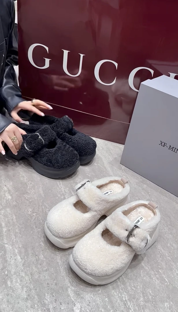 XF6609-157欧货玛丽珍毛毛鞋女法式包头半拖舒适外穿松糕底女拖鞋