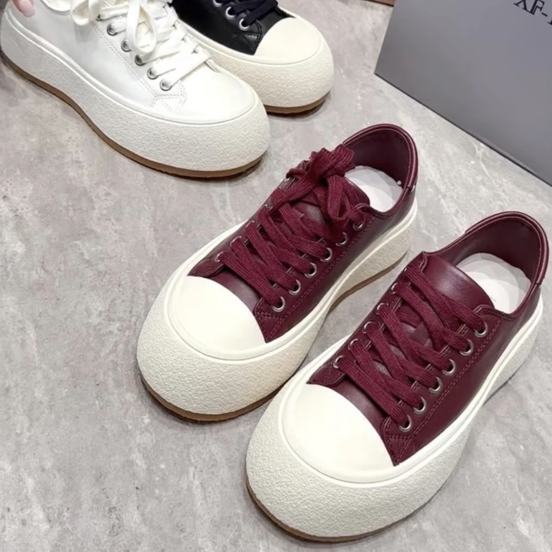 XF5919-3欧货真皮圆头时尚百搭系带潮流休闲厚底舒适女板鞋