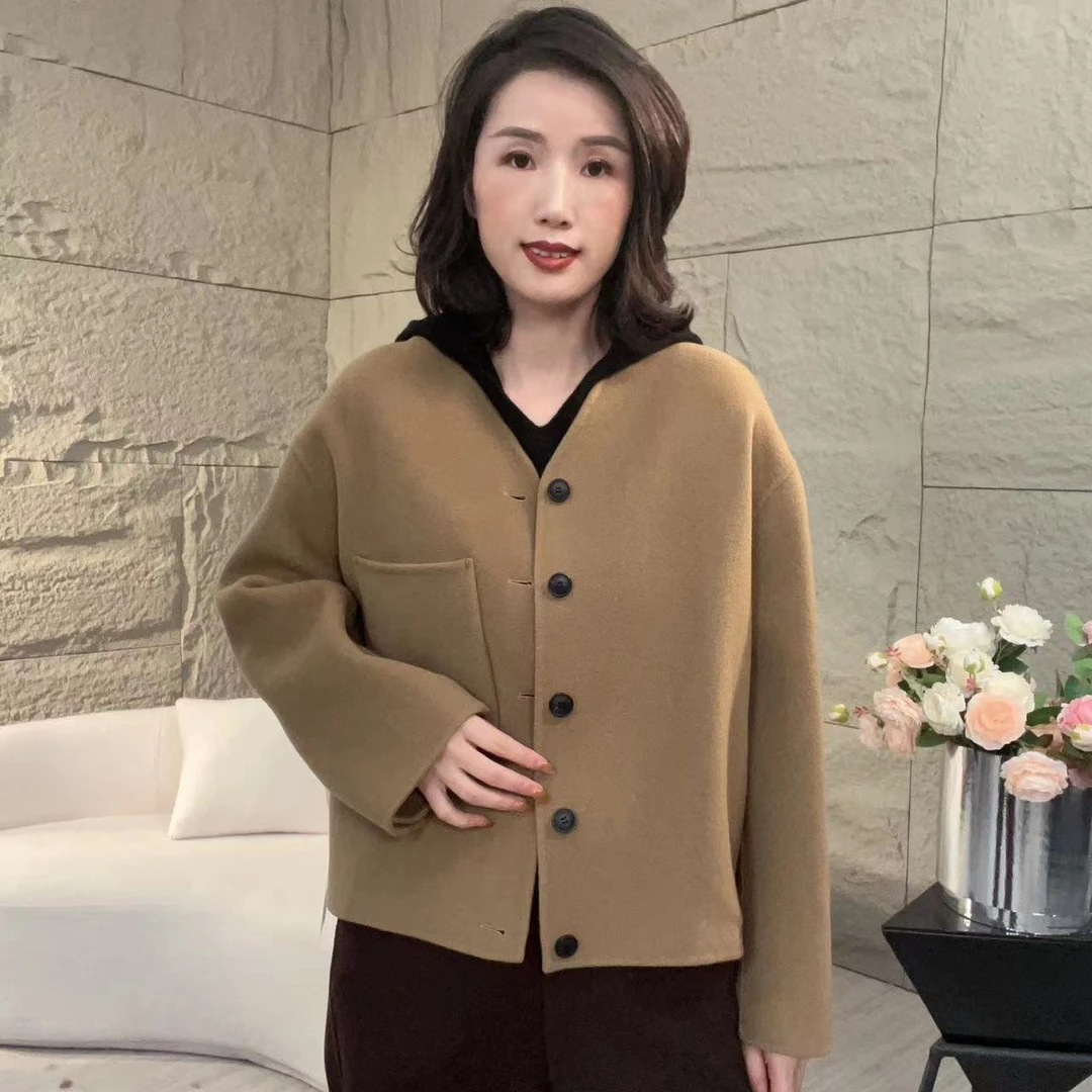 【赛姐高奢】短款双面大衣V领口袋秋冬气质女士外套111.