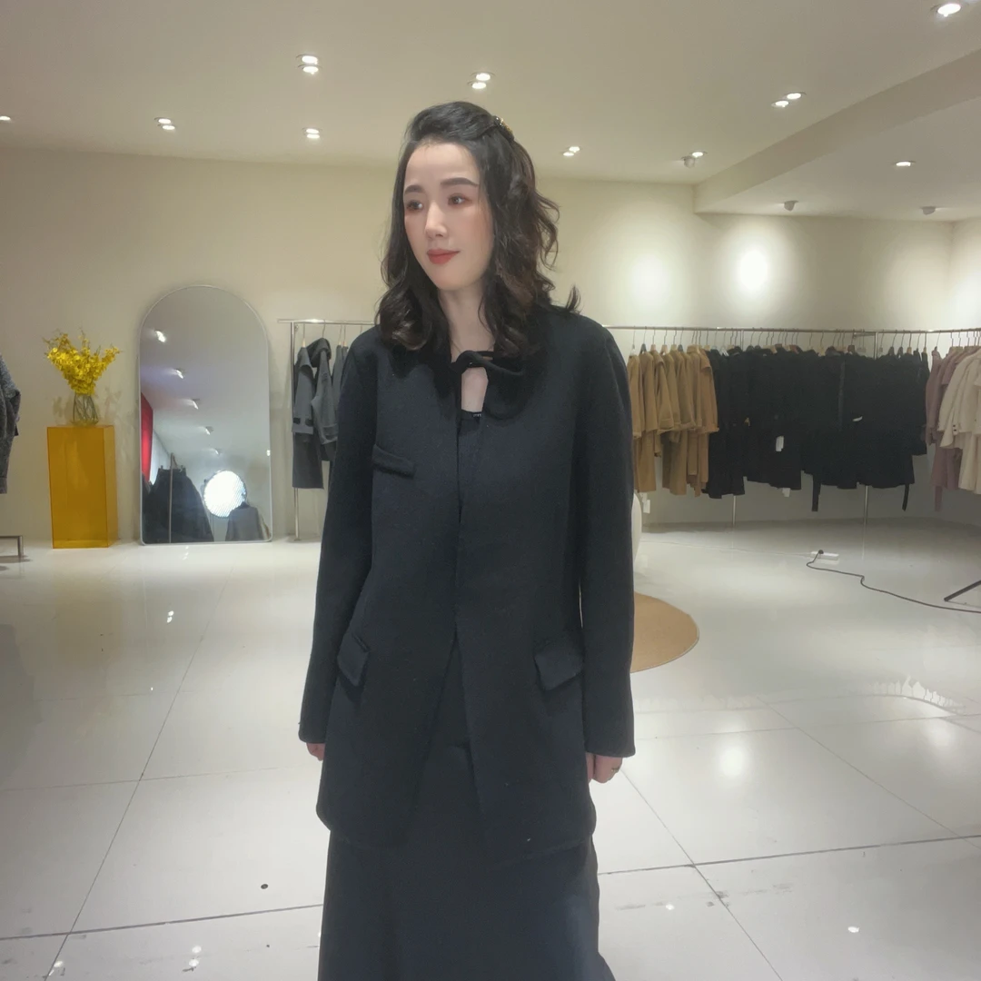 【赛姐高奢】孤品福利黑色V领开衫毛呢外套833