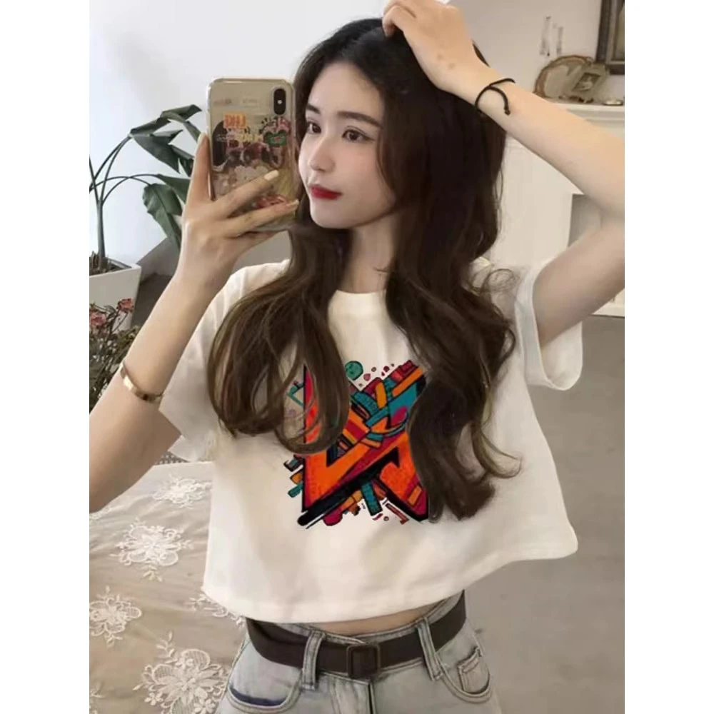 潮流露脐短款宽松棉质短袖t恤女白色小众设计感辣妹减龄上衣