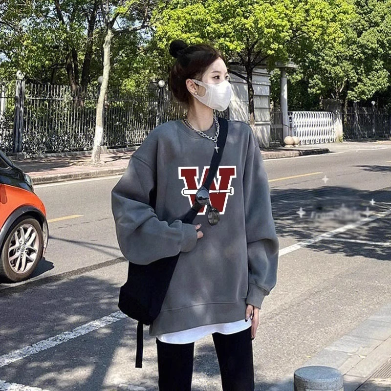 深灰色卫衣外套女秋冬款2025新款加绒印花小个子搭配鲨鱼裤的上衣