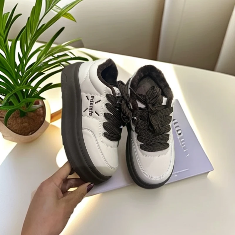 冬季加绒厚底休闲鞋女款韩版系带拼色板鞋