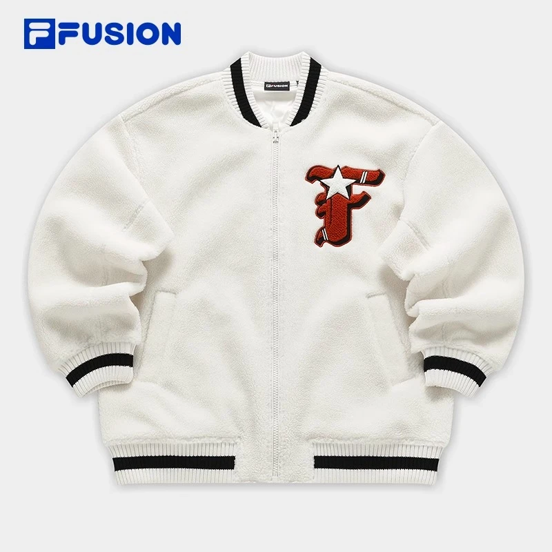 FILA FUSION斐乐针织外套女2024春宽松 仿羊羔绒棒球服T11W412903