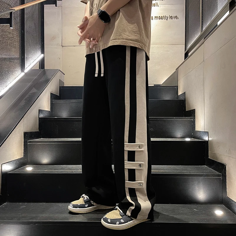 秋季港风潮牌拼接撞色裤子男款直筒宽松vibe美式高街阔腿休闲卫裤