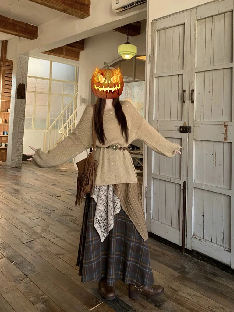云南川西旅游秋季穿搭慵懒风马海毛针织毛衣不规则格子连衣裙套装