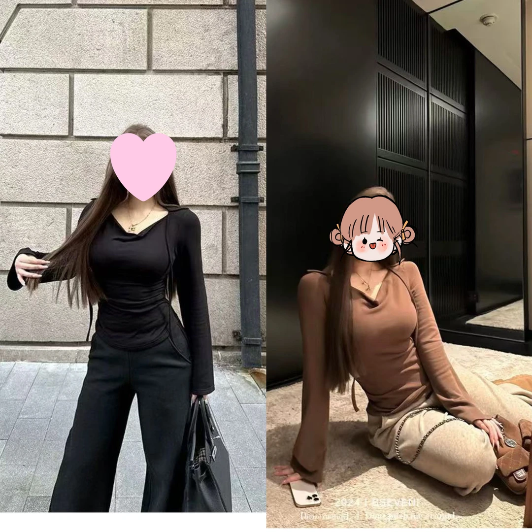 大码女装微胖mm2024秋冬新款内搭打底衫松弛荡领性感显瘦长袖上衣