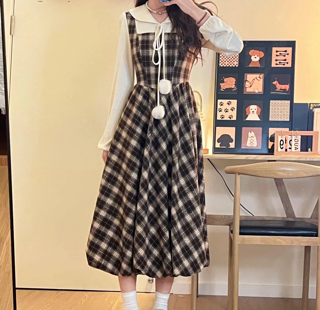 摩卡小熊 假两件格纹连衣裙女秋冬新款少女学院风花苞长裙