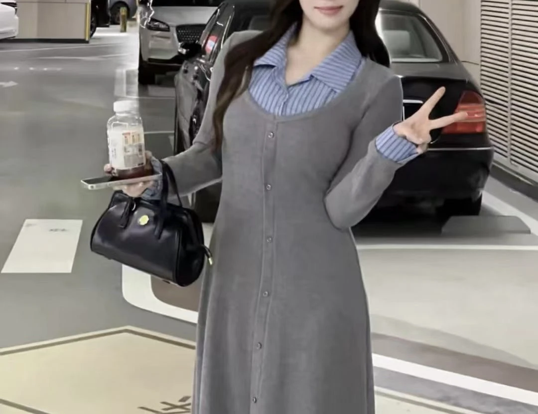 大码女装学院风撞色假两件连衣裙女秋冬胖mm遮肚子优雅气质polo裙