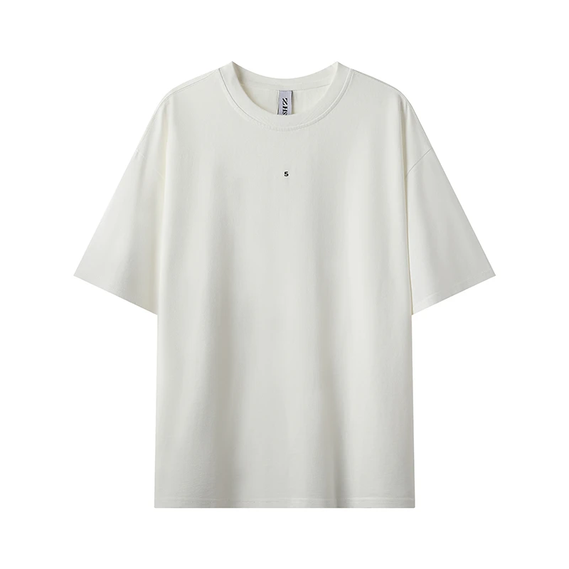 夏季休闲舒适圆领刺绣白色纯棉短袖T恤男士百搭宽松基础款半袖t恤