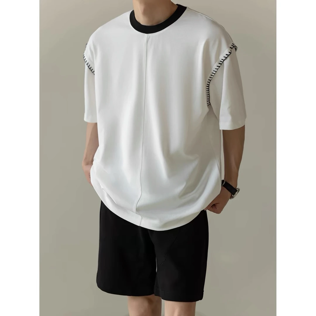 轻熟风男士百搭透气短袖T恤夏季潮流宽松拼接撞色休闲半袖体恤男