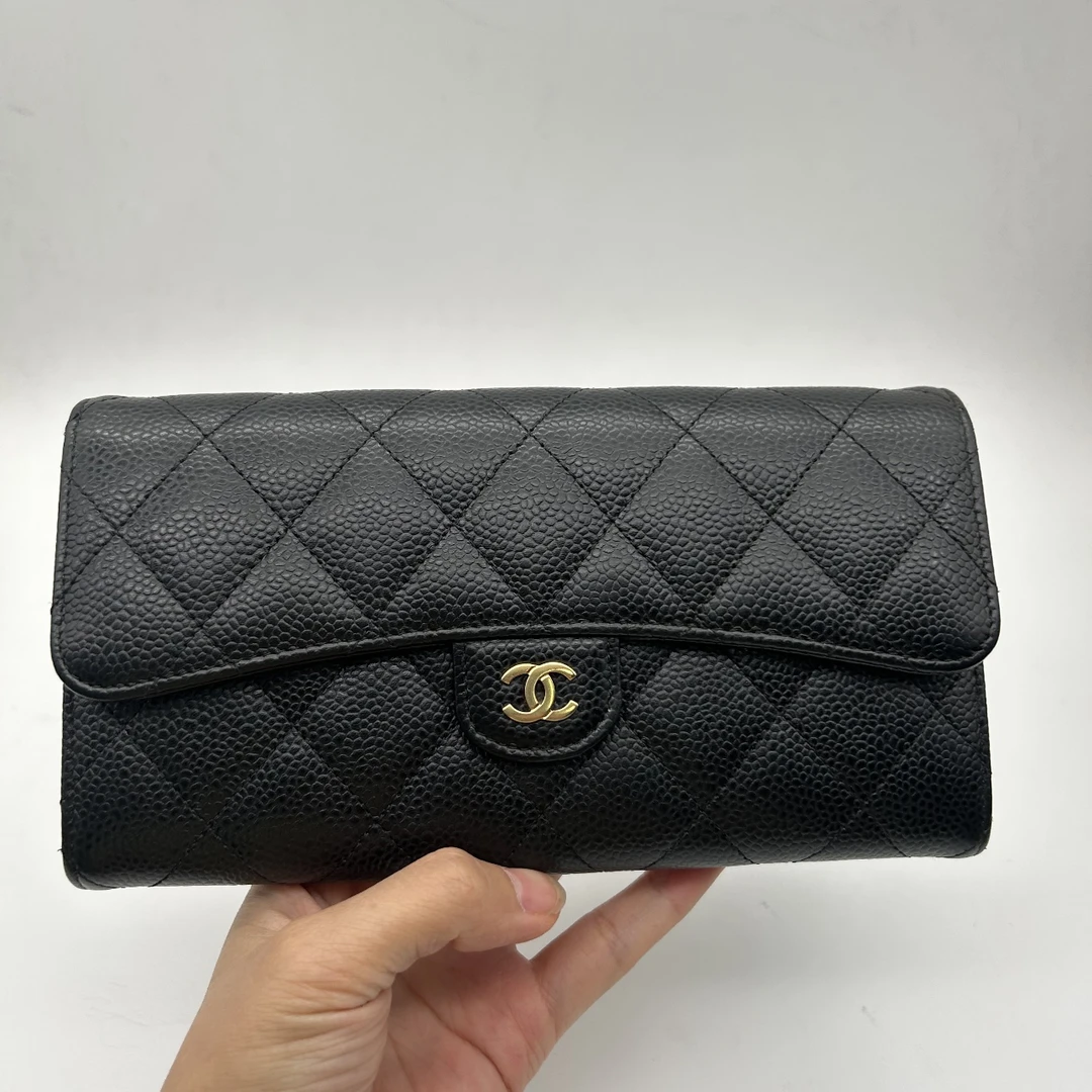 95新 Chanel/香奈儿 CF黑金黑银荔枝纹羊皮中古菱格两折钱包