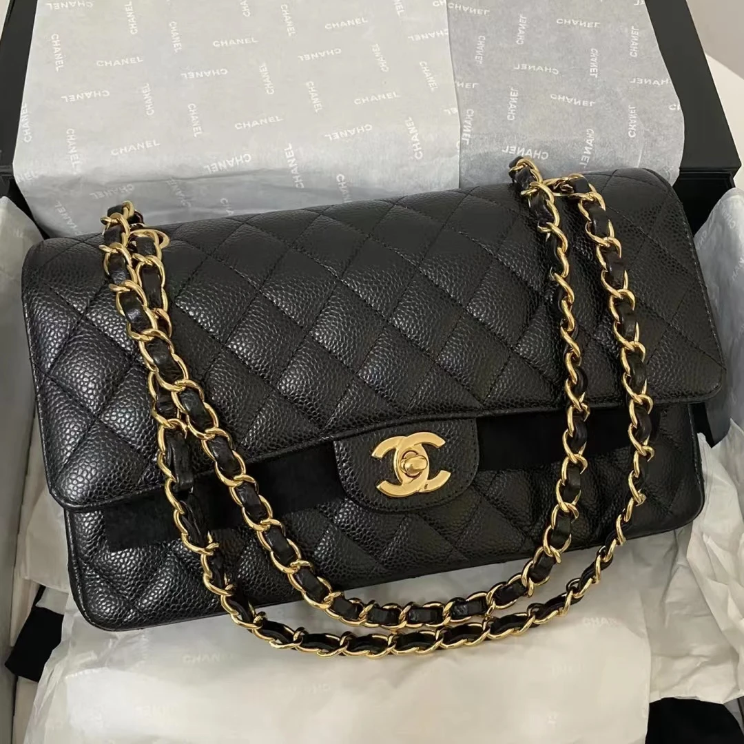 99新 Chanel/香奈儿 22333/黑金荔枝牛cf/单肩斜挎包/