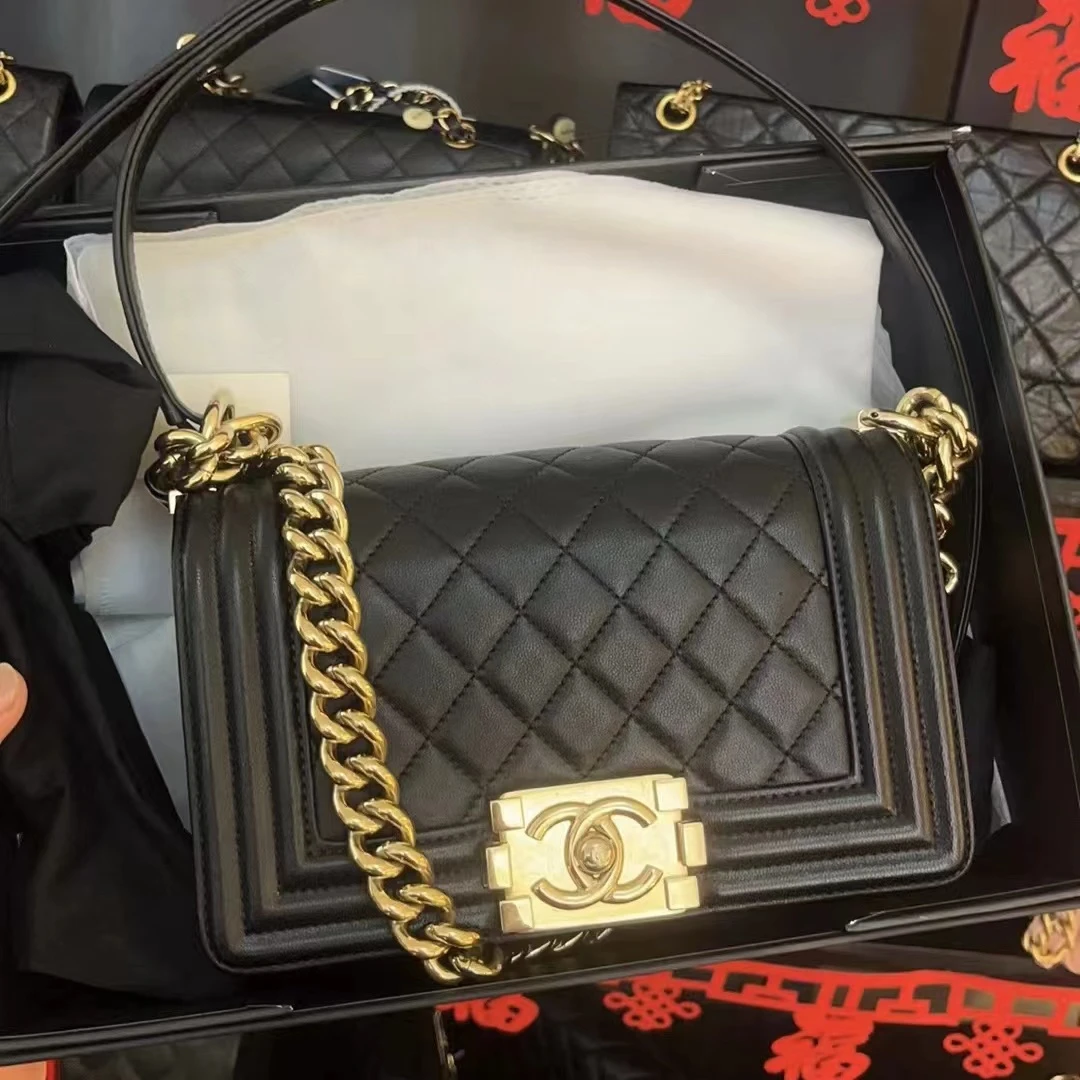 99新 Chanel/香奈儿 /黑金小号leboy/单肩斜挎包/