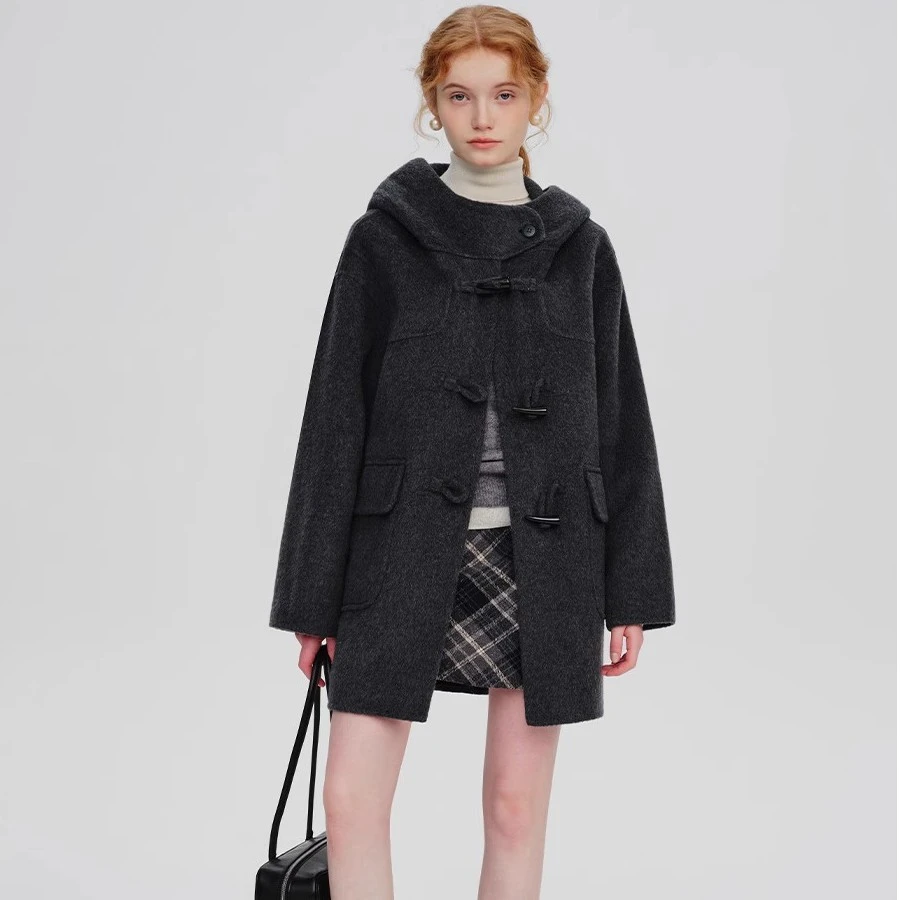 DESIGNER PLUS 灰色羊毛连帽牛角扣双面呢子大衣女秋冬中长款外套