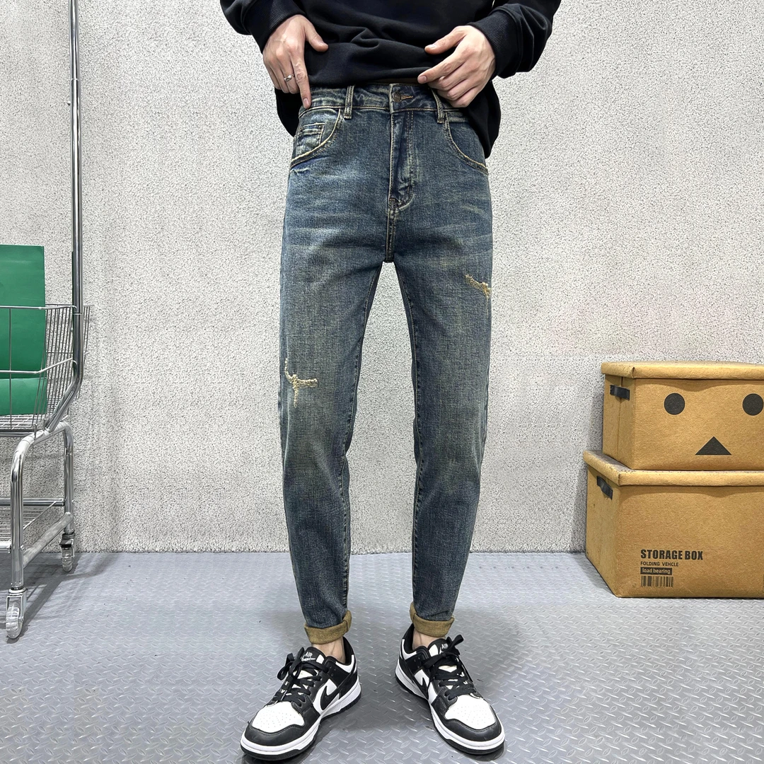 秋冬破洞牛仔裤男款爆款2024新款复古水洗潮流时尚男士修身小脚裤