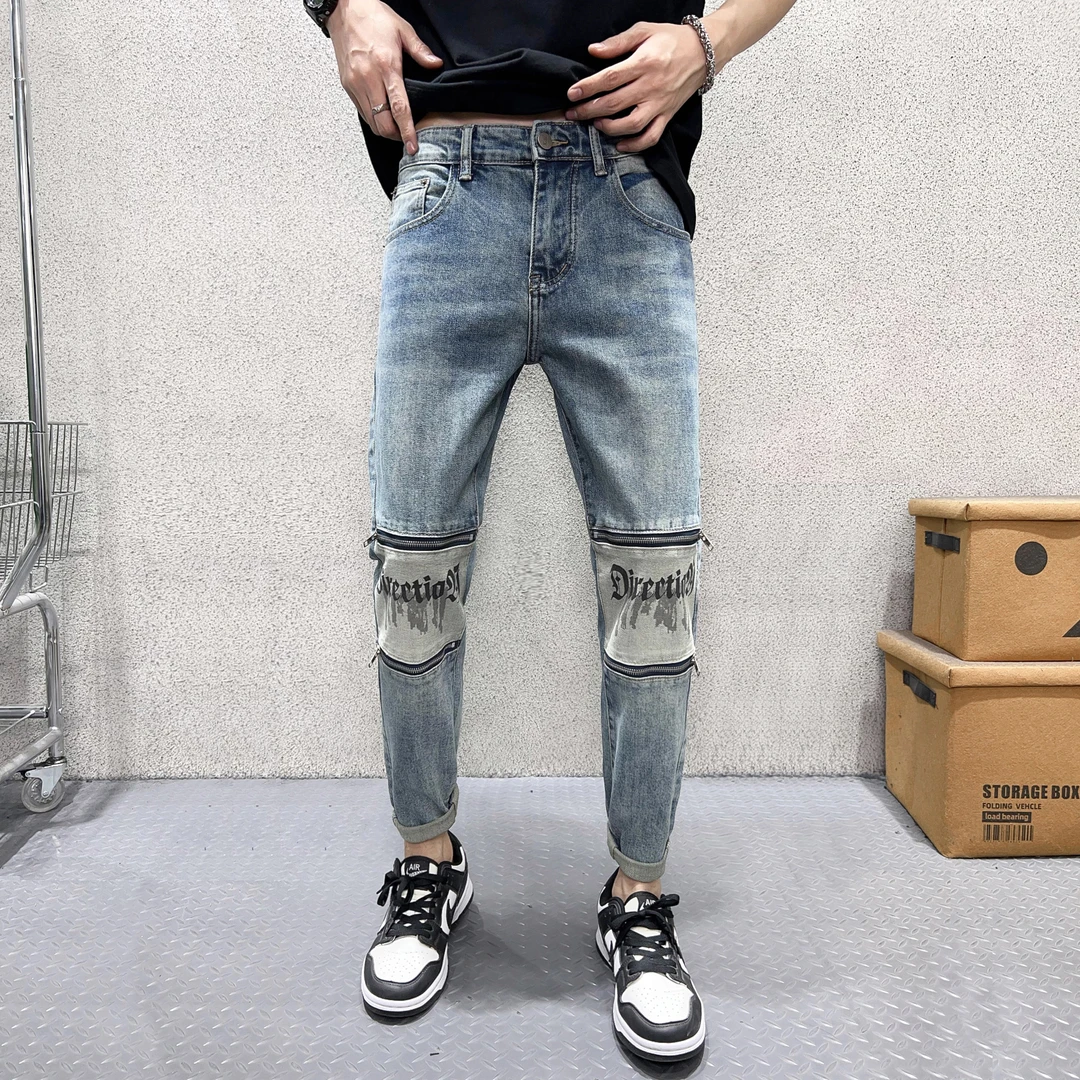 美式高街膝盖拉链牛仔裤男款爆款2025新款春季长裤潮牌修身小脚裤