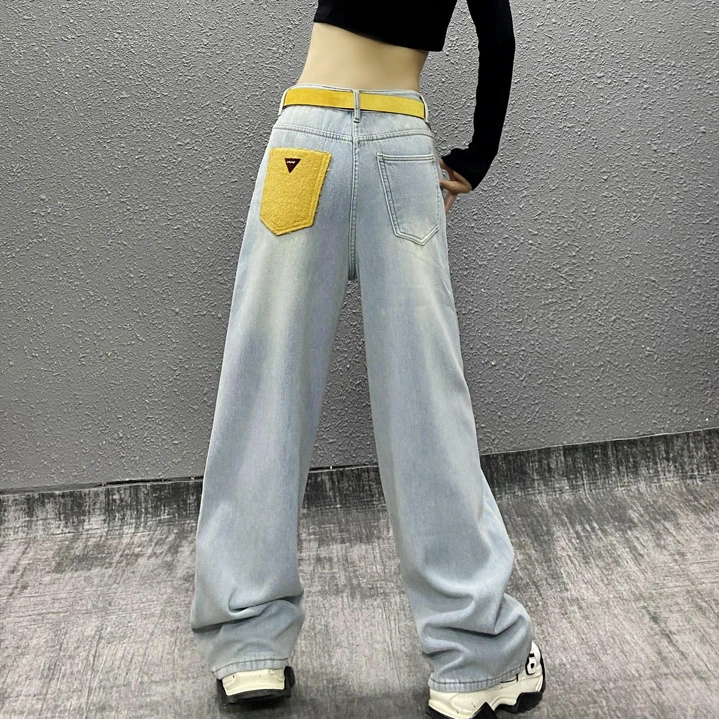2025春季新款拼接口袋水洗浅色牛仔裤女高腰显瘦宽松垂感阔腿长裤