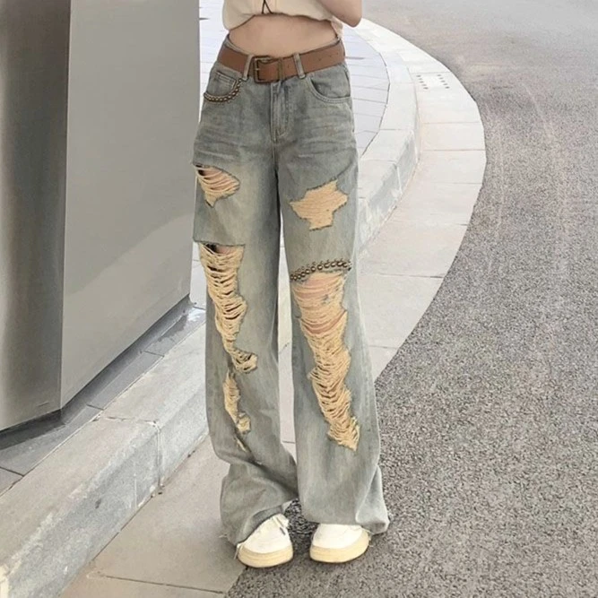 复古高腰显瘦黄水泥牛仔裤女潮牌破洞气质洋气宽松休闲阔腿直筒裤
