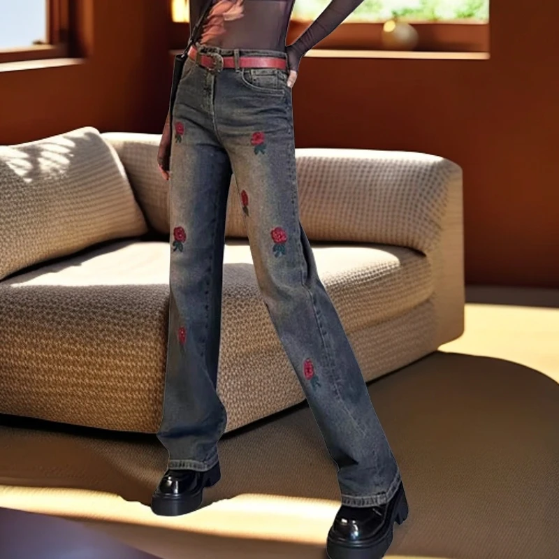春季新款复古宽松花朵刺绣烫钻直筒牛仔裤女重工时尚阔腿带钻裤潮
