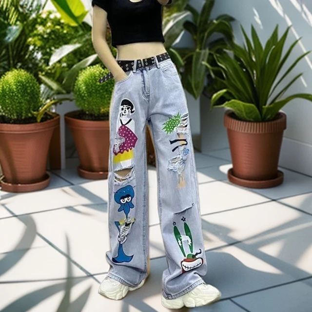 欧货时尚卡通印花破洞浅色牛仔裤女夏高腰宽松显瘦百搭阔腿拖地裤