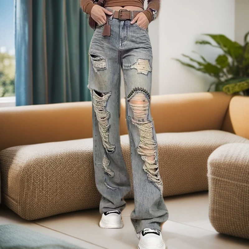2025年春夏新款重工钉珠个性水洗牛仔裤女美式复古街头做旧阔脚裤