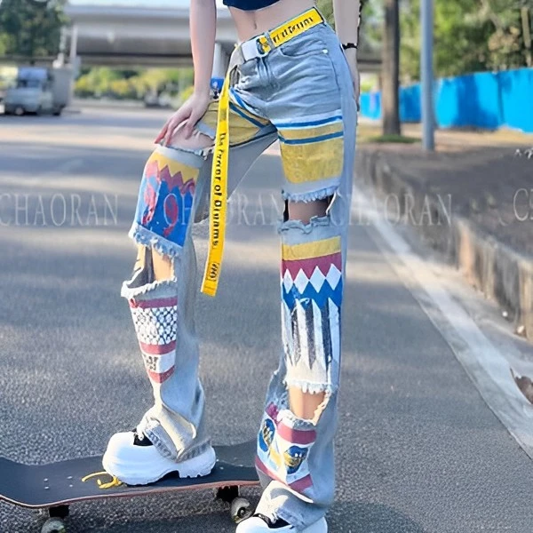 原创定制潮牌个性微喇叭牛仔裤女撞色涂鸦镂空破洞高腰阔腿拖地裤