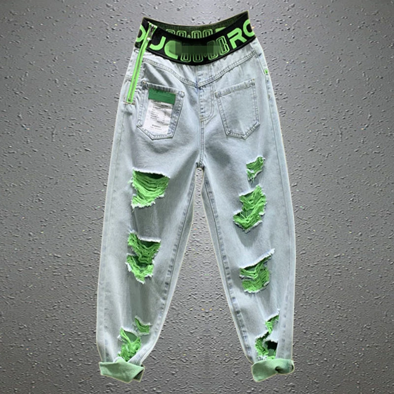 原创定制新款松紧腰个性潮牌字母印花薄款牛仔裤女破洞哈伦九分裤