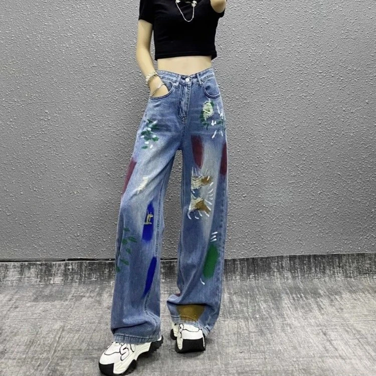复古个性彩绘印花破洞牛仔裤女春夏高腰宽松显瘦百搭阔腿拖地长裤